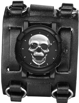 JewelryWe Totenkopf Uhren Herren Leder: Analog Quarz Armbanduhr Gothic Punk Schädel Patronenhülse Gewehrkugel Panzerkette Uhr mit Breit Leder Armband