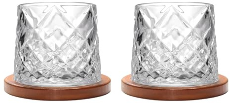 Rotatable Old Fashioned Whiskey Glass Set of 2, 275ml/10oz Crystal, Wood Coaster, Thickening, for Rum, Cocktails, Coffee, Milk - Relax and Reduce Stress