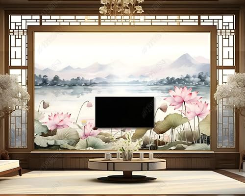 Papier Peint Intissé Lotus De Fond De Paysage D'Encre Poster Tableaux Muraux Tapisserie Photo Trompe L'Oeil Salon Chambre Art Mural 400Cm(L) X280Cm(H)