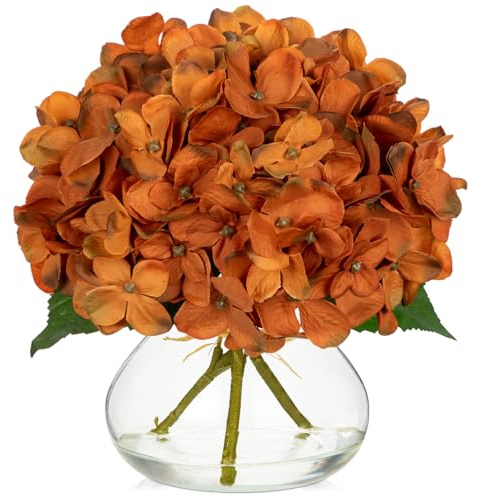 Oairse Flores artificiales de hortensias para otoño, centro de mesa, color naranja oscuro, flor sintética en jarrón de cristal con seda de agua sintética, arreglo floral para el hogar, oficina, boda