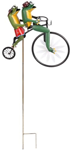 Moulins à vent pour jardin, vélo vintage en métal, grenouilles sur un vélo, ornement de jardin, animaux 3D sur vélo, sculptures pour cour, pelouse, décoration de jardin, moulin à vent en métal, décora