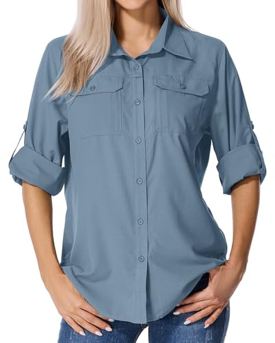 Womens UPF 50+ UV Sun Protection Safari Shirts Long Sleeve Outdoor Cool Quick Dry Fishing Hiking Gardening Shirts (5090 Ocean Blue L)