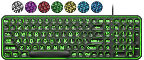 EDJO Clavier filaire rétroéclairé à grand imprimé, taille complète avec rétroéclairage LED 7 couleurs, touches rondes rétro, lettres surdimensionnées et saisie silencieuse, compatible avec ordinateurs