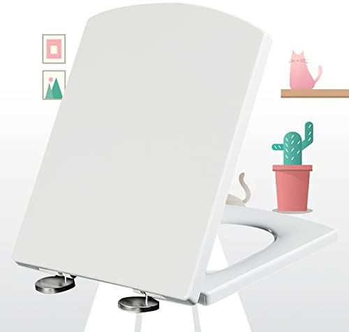 Asiento de inodoro de cierre suave de liberación rápida con bisagras ajustables, ajuste universal para inodoros estándar, tapa blanca de fácil instalación, 34,5 x 43 cm