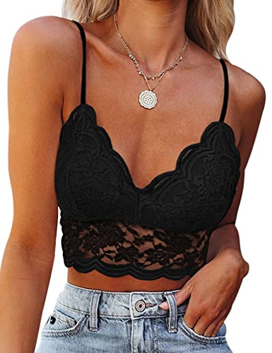 PASUDA Camisetas Tirantes Mujer Verano Sexy Encaje Cuello en V Camisola Elegantes Crop Top Ajustables de Espagueti Camiseta sin Mangas(Negro,M)