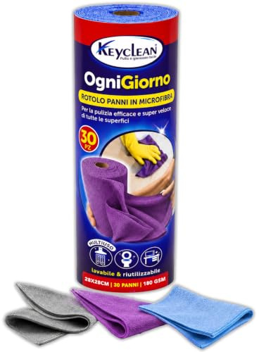 KEYCLEAN Paños de Microfibra Precortados para Limpieza del Hogar, Cocina, Coche – ROLLO DE 30 PAÑOS – Paño Multiusos de 28 × 28 cm para Limpiar y Secar Superficies – Lavables y Reutilizables –180 GSM