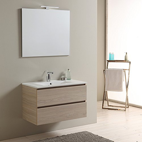 Kiamami Valentina - MOBILE BAGNO 80 CM CON CASSETTI OLMO LEONE LAVABO IN CERAMICA LUCE A LED | BERLIN