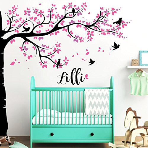 Wandtattoo Bäumchen (3farbig) mit Namen Kinderzimmer Mädchenzimmer Baum Farbige Bunte Wandbild Wandaufkleber Wandfolie Wandsticker - 250 cm hoch x 245 cm breit