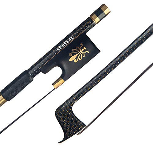SURVEAL Geigenbogen 4/4, goldfarben, geflochten, Kohlefaser, rund, Ebenholz, Frosch, schwarzes Rosshaar, Violinbogen (4/4)