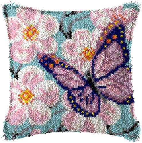Butterfly Latch Hook Kit DIY Pillow Cover Making Craft with Butterfly Pattern Printed Canvas Crochet Yarn Kit for Kids Adults 17''X17''