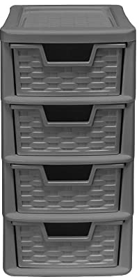 4 Drawer Small Rattan Tower Unit - Grey, Single Unit - 38.5cm (H) x 19cm (W) x 26cm (D)