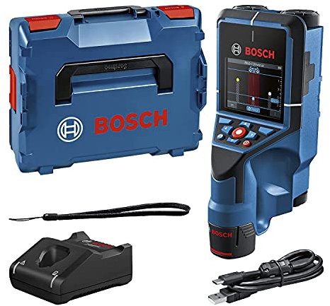 Bosch Professional 12V System Wall Scanner D-tect 200 C (12V battery, detection of (non-) live cables, metal, plastic pipes, wooden studs and cavities, USB-C™ Cable, L-BOXX)