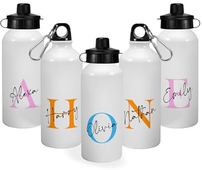 Personalised Aluminium Water Bottle – 400ml or 600ml – Custom Name Bottle with Sports Cap & Carabiner – White Bottle for School, Sports, Cycling, Kids, Boys & Girls
