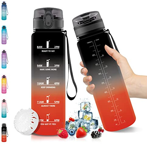 Vikaster Wasserflasche, 1 Liter Sportwasserflasche, BPA-frei, auslaufsicher und wiederverwendbar, mit einem Klick zu öffnende Wasserflasche, geeignet für Fitnessstudio, Yoga, Camping, Wandern