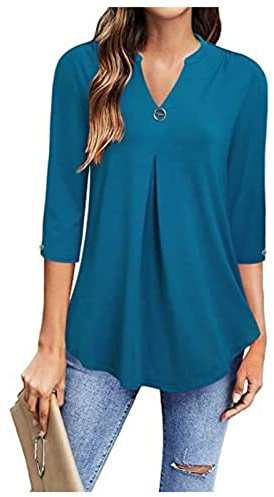 Womens Tops Shirt Summer Long Sleeve Blouses V Neck Button Blouse Casual Top Loose Ladies T-Shirt Soft Comfy Solid Elegant Sweatshirt(Size:XL,Color:Teal)
