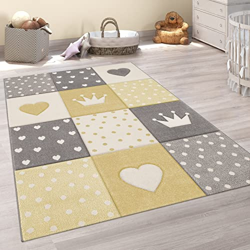 Paco Home Teppich Kinderzimmer Junge Mädchen Kinderteppich Spielteppich Kurzflor 3D Optik Pastell Punkte Herzen Krone, Grösse:140x200 cm