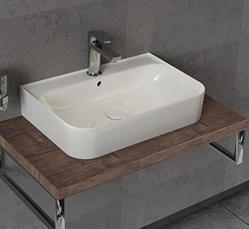 Aqua Bagno | Eckiges Aufsatzwaschbecken weiß glänzend, Keramikwaschbecken