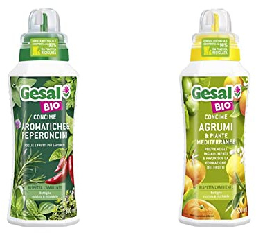 GESAL Concime BIO Aromatiche & Peperoncini, Per Foglie e Frutti più Saporiti, 500 ml & Concime BIO Agrumi & Piante Mediterranee, Per Fioriture e Fruttificazioni Intense, 500 ml
