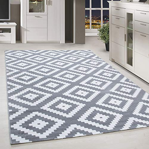 HomebyHome Teppich 280x370 cm Grau Kurzflor Rauten Design XXL Teppich für Wohnzimmer Schlafzimmer Flur Küche Esszimmer Kinderzimmer Pflegeleicht Weich