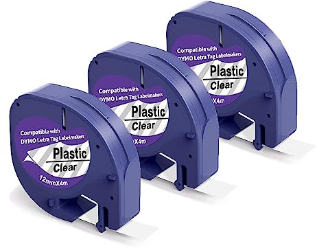 3 X Kompatibel mit Dymo Etikettenband, Alternative zu Dymo Letratag Etikettenband Kunststoff Schriftband, 12mm x 4m Transparent Plastic Band für LT-100H LT-100T LT-110T XR