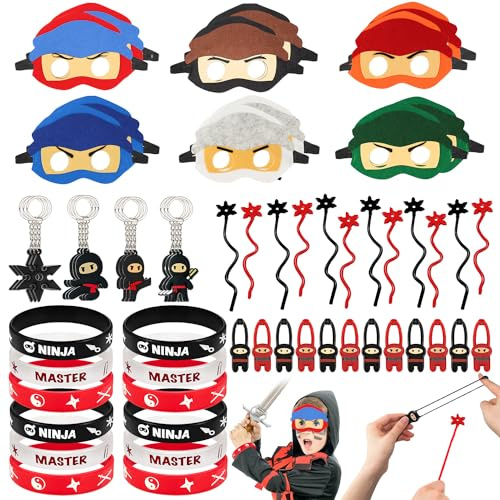 TUZHE 60 Stück Ninja Party Mitgebsel Kindergeburtstag | Ninja Masken Schlüsselanhänger Armbänder Fingerschleuder Fliegendes klebriges Spielzeug für Jungen Ninja Themed Party