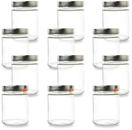 Flaschenbauer - 12x Einmachgläser 275ml - Gewürzgläser mit Deckel TO66 Silber, Schraubgläser, Joghurtgläser, Marmeladengläser, mit Twist-Off-Deckel, für Marmelade, Honig, Gewürze - Made in Germany