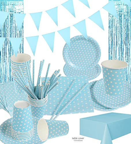 LASE C9 Set 129pcs de Vajilla Desechable para Fiestas de Cumpleaños 30 personas. Incluye Platos, Vasos, Servilleta y Guirnaldas de papel cartón. Material EcoFriendly. (Azul con Mantel)