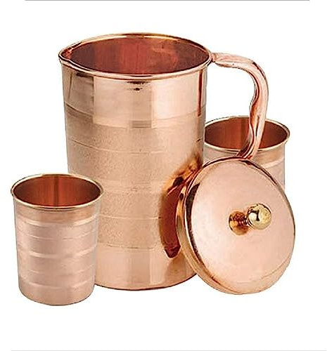 USA Deals 365 - Jarra de agua con tapa y 6 vasos de cobre (300 ml cada uno) hecha de cobre puro de la India (1,5 litros)