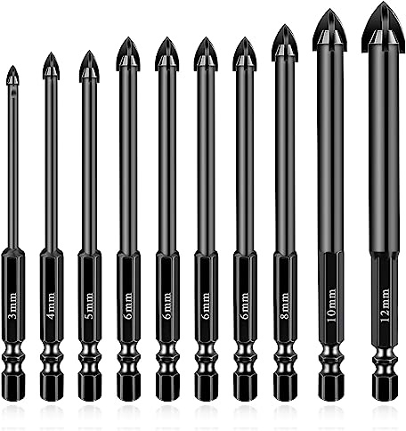 Flintronic Brocas Porcelanico, 10 PCS Juego de Brocas para Azulejos, Taladro de Vidrio con Vástago Hexagonal,Carburo Brocas, para Mampostería, Cerámica, Pared, Cemento, Ladrillo, Metal, Madera, B