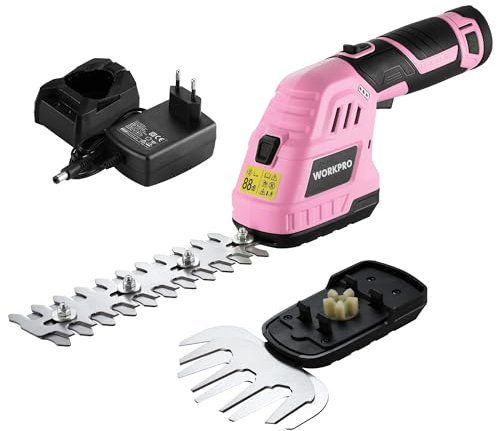 WORKPRO 12V Strauchschere Akku 2-in-1 Rosa, handliche Grasschere mit 2 Messern, 2Ah Akku und Ladegerät, elektrische Heckenschere Rasentrimmer für Gartenarbeit, Schnittbreite 12,5cm, Schnittlänge 16cm