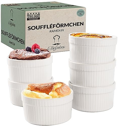 Chefarone® Soufflé Förmchen Backofenfest 6er Set - Creme Brulee Schälchen Keramik zum Backen und Anrichten - Feuerfeste Schale 200 ml - 6er Set weiß (9x4,5CM)
