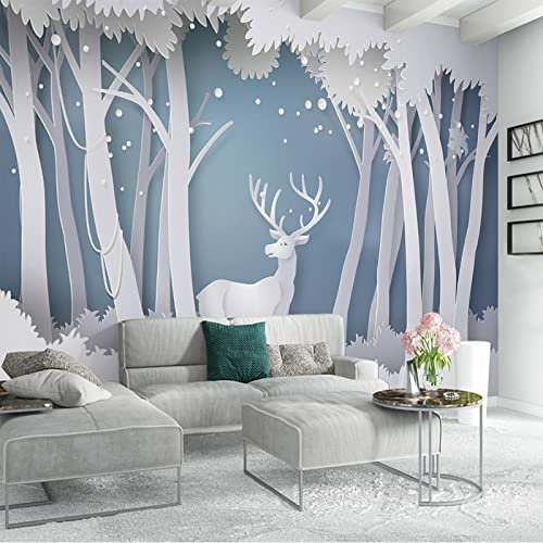 Vlies Fototapete Cartoon Baum Tier Hirsch 3D Effekt Vlies Tapeten Wandtapete XXL Moderne Wanddeko Wohnzimmer Schlafzimmer Büro Flur 450 cm B x300 cm H