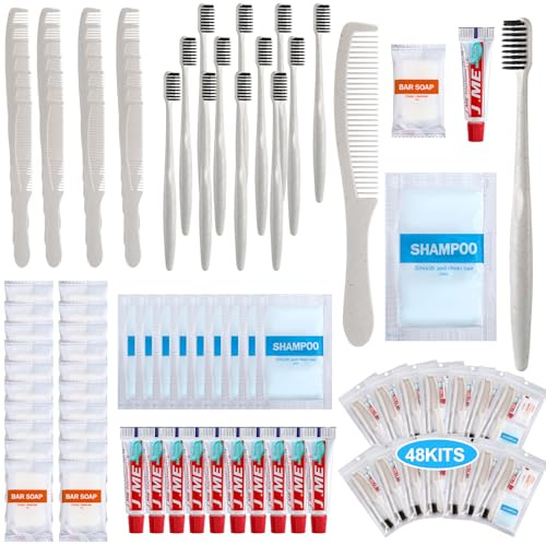 Hushee 48 Sets Personal Hygiene Kit Basic Toiletry Kit Homeless Care Package for Men, Women, Travel, Charity, Business Include Shampoo, Toothbrush, Toothpaste, Comb and Bath(White)