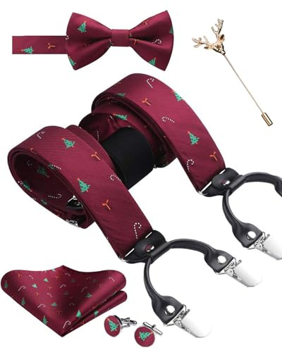 SzonMcnl Weihnachten Herren Hosenträger mit Fliege Set Hosenträger in Y-Form mit 6 extra starken Clips Weihnachtsgeschenke und Fliege Einstecktuch