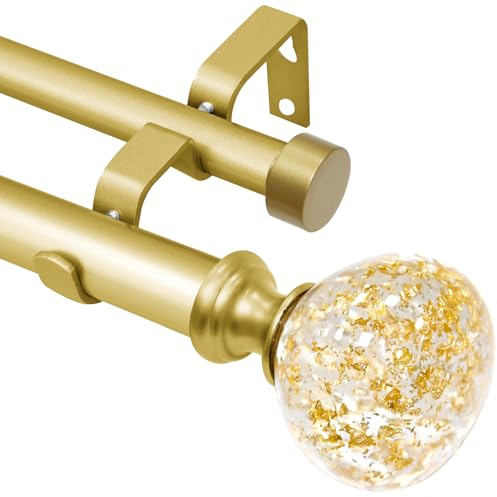 Tringle à rideaux double dorée pour fenêtres de 167 à 304 cm : double tringle à rideaux réglable et robuste de 167 à 304 cm – Embouts en résine dorée et double tringle à rideaux