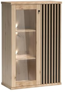MINIO go for it - Vitrine mit Lamellen Mali, 86,4 x 131,9 x 40,6 cm, Vitrinenschrank mit Glas Türen, für das Wohnzimmer, Glasvitrine, ohne Metallfüßen, mit LED-Beleuchtung - Artisan Eiche/Schwarz