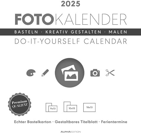 Alpha Edition - Foto-Bastelkalender weiß 2025, 21x22cm, Do it yourself Kalender mit Seiten aus hochwertigem Bastelkarton, gestaltbares Titelblatt und Ferientermine DE/AT/CH
