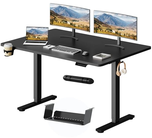 SANODESK Bureau Assis Debout Électrique 140 x 60cm, Bureau Debout Réglable en Hauteur avec Crochet/Porte-Bouteille Fonction Mémoire, Fonction de Rappel de Sédentarité, Noir