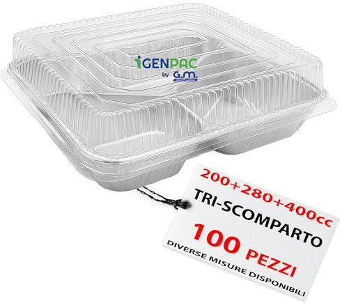 GM – 100 Contenitori Alluminio Triscomparto 200+280+480 cc con 100 Coperchi Rigidi Trasparenti, Vaschette a Tre Scomparti Ideali per Forno, Conservazione, Gastronomia e Asporto Professionale