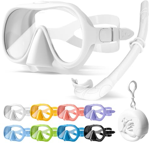HINATAA Juego de esnórquel para adultos, gafas de buceo sin marco, 180°, ultra visión amplia, antivaho, antifugas, máscara de buceo profesional, gafas de natación para mujeres y hombres (juego blanco)