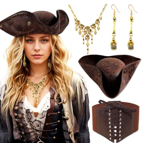 JeVenis Vintage Piraten Kostüm Zubehör Set - Piraten Stirnband Schädel Halskette Taillengürtel Kapitän Kostüm für Karneval Musikfestival Outfit