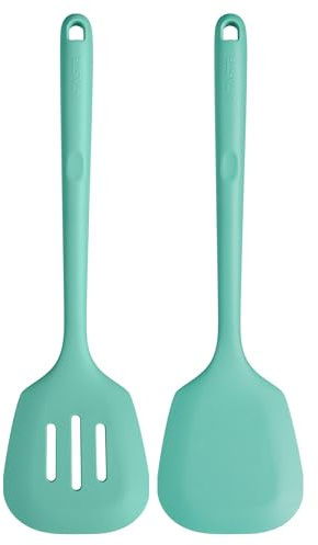 U-Taste Long Silicone Turners Set of 2, 315℃ Heat Resistant, Aqua Sky | 34.5 cm, Solid & Slotted Kitchen Spatula, Non Stick Flexible Rubber Cooking Flipper for Frying, Flipping Eggs, Fish, Pancake