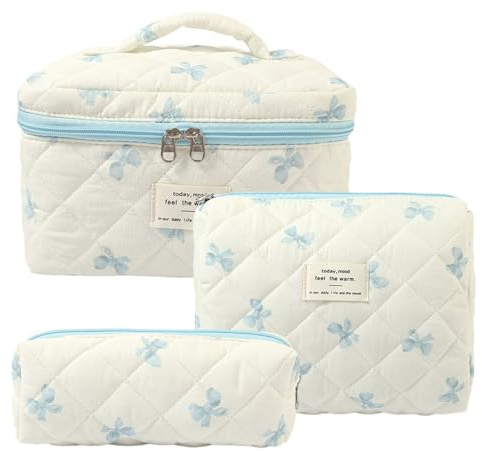 Damen Gesteppte Kulturtasche, 3 Stück Kosmetiktasche, Blumenmuster Kulturbeutel Set, Reisen Schminktasche Gedruckt, Baumwolle Make up Bag für Frauen Mädchen (Blaue Schleife)