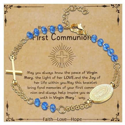 Flongo Katholisches Rosenkranz Armband für Damen : Frei Karte „First Communion“ Religiöses Arm mit Kreuz Anhänger Schwarz Gold Perlen Jungfrau Maria Edelstahl Gebet Glaube Schutz Virgin Mary