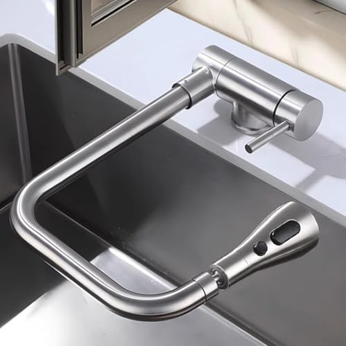 Grifo de Cocina Abatible Para Ventana, Grifo Cocina Plegable Acero Inoxidable Monomando 3 Modos Giratorio Grifos Cocina Abatibles-Cepillado