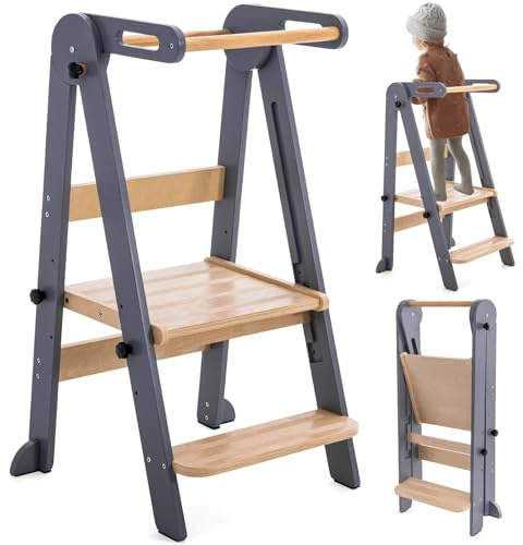 Gewitt Foldable Toddler Kitchen Stool Helper - Adjustable Height Folding Toddler Standing Tower, Kids Helper Stool with Safty Rail for Kitchen Counter Bathroom (Grey)
