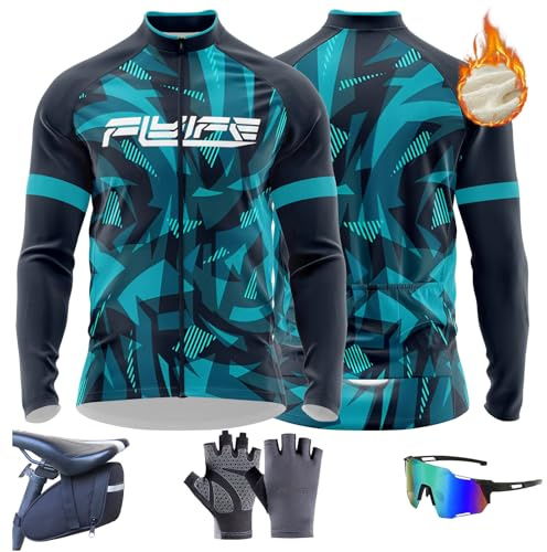 Herren Radtrikot Fahrradtrikot Langarm, Fahrradbekleidung mit Taschen Fahrrad Shirt Fahrradbekleidung Radshirt für Männer,Thermo Funktions Radtrikot Warm Fleece Full Zip