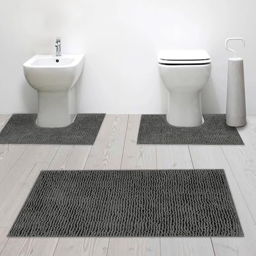 Susanna Home – Set 3 Tappeti da Bagno in Microfibra Shaggy Antiscivolo, Tappeto Rettangolare, Giro Water e Giro Bidet, Super Assorbente, Morbido e Lavabile - Disponibile in Diversi Colori (STONE)