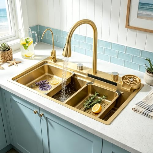 KOOGIMDDR 80x50cm Waschbecken gold Küchenspüle, Mit Wasserfall Wasserhahn, Küchenspüle Edelstahl Rechteck Einbau von Oben Mit Cup Washer Abnehmbares Becken Schneidebrett