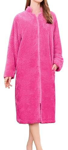 HEARTNICE Womens Flannel Zipper Robe, Soft Warm Robes for Women Cozy Long Sleeve Loungewear Luxurious Nightgown with Pockets(Rose,L/XL)